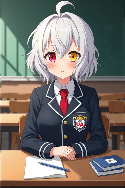 Create a girl in the style of Boku no Hero Academia and the UA uniform sitting in the classroom,with short, completely white wavy hair, I cut one eye red and the other yellow