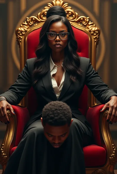 Black woman with glasses bossy on the throne .  And obedient man submissive at the side with his head down 