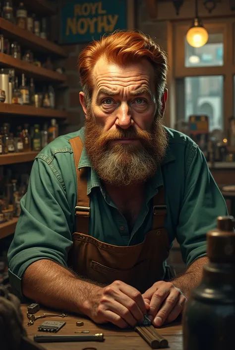 A 40 year old irishman with red hair and greyish beard. He has grey-green eyes and a dominant chin. He lives in 1999 New York and works in a pawn shop.