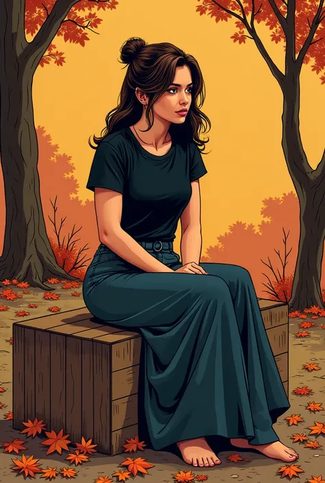  Woman with dark brown wavy hair tied on one side , wearing a black t-shirt and a long skirt , Sitting on a square bench with fallen leaves and a predominantly autumnal brown background.   comic book style .