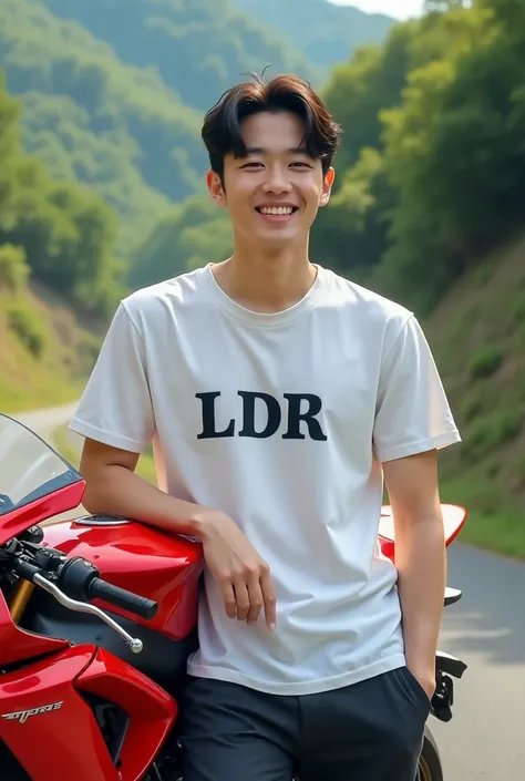 a handsome Korean guy with a smile. wearing a white t-shirt with the name Ldr. leaning on a motorspot red, with a background of a country road.  proai art