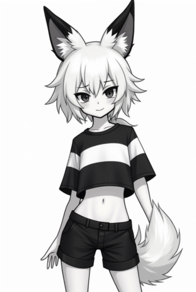 This avatar features a sleek and stylish monochrome design. She has white, spiky, layered hair that gives her an edgy, wild vibe, complemented by large black-and-white fox-like ears for a touch of playfulness. Her outfit includes a bold black-and-white str...