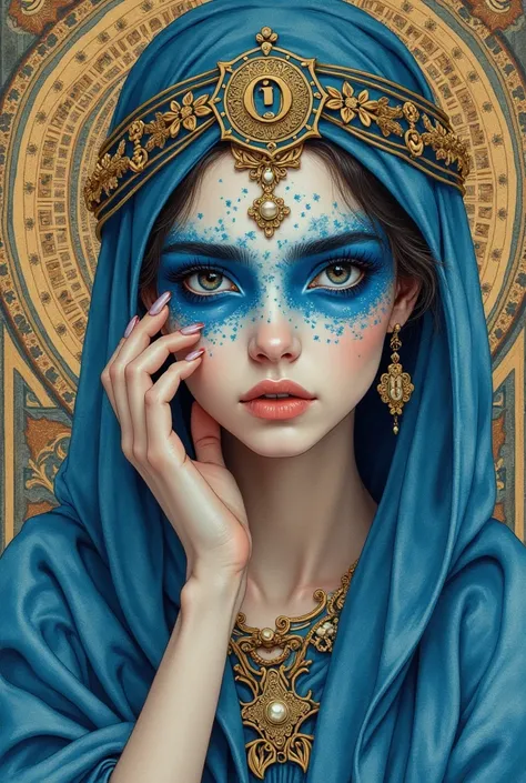 A detailed watercolor art nouveau painting of a slender woman in a biblical outfit. 3/4 portrait. Half blue face paint. Touching her face. Mesmerizing look. Style of Enki Bilal. Style of Philippe Druillet. Style of Moebius. Style of Métal Hurlant. Ornate a...