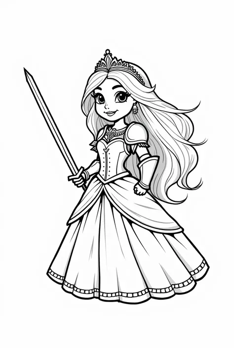 Imagine a coloring page for s featuring a fairy tale coloring page for s, Warrior princess in armor and sword, ready to protect her kingdom, cartoon style with bold, thick lines and minimal details, set against a crisp white background in striking black an...