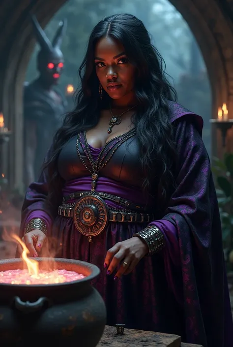 beautiful black woman, evil witch, extremely fat and obese, looking over bubbling cauldron, black and purple outfit, demon lurking behind witch, close up