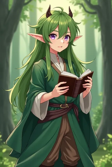 A cute anime boy who wears historical clothes in green and brown, holds spell books, has long green hair, ears like an elf and horns, and has a purple eye and a pink eye 
 He is standing in a forest with white skin 