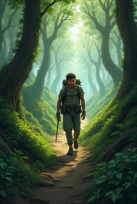 A person alone on a trail in the meandering forest with a heavy backpack