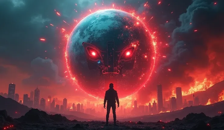 "A dramatic, high-resolution cinematic scene showing Earth surrounded by glowing red cracks symbolizing destruction, with a futuristic city on fire in the background. In the foreground, a worried human figure silhouetted against a giant AI robot face glowi...