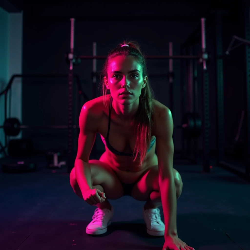 A young woman performing squats at the gym, in a minimalist and modern environment. The focus is on her determination, with vibrant lights in shades of pink and lime green illuminating her body, creating a dynamic and futuristic contrast. She has a delicat...