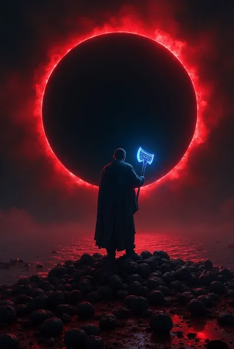 Image of a black eclipse with red edges of the Sun, Illuminated a black sky , And the image of a man over a pile of bodies and a sea of blood, holding a bright blue axe with symbols, HD, Ultra Realistic