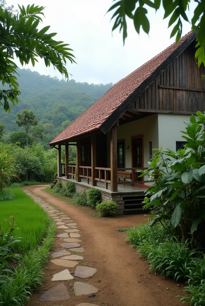  A traditional Indonesian village house , with wall structure ,  modern walls and red tile roof .  The house stands on the ground with a tiled terrace and is surrounded by dirt roads and lush greenery and there are rice fields and there are banana trees an...