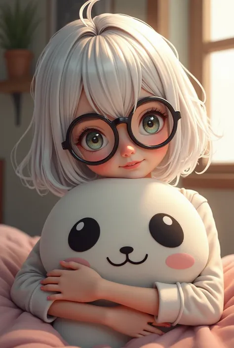 Draw a girl but with white hair and with black circular glasses, And play her holding an Izuku Midorya pillow