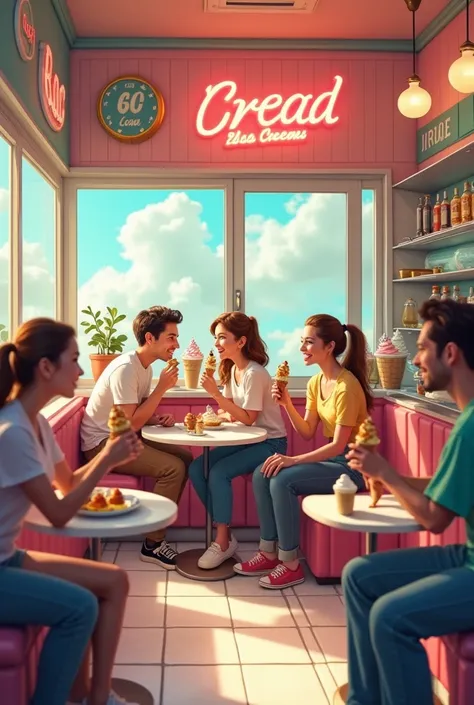 An image of a small ice cream store .

 Photos of customers enjoying ice cream or images that represent posts on social networks.