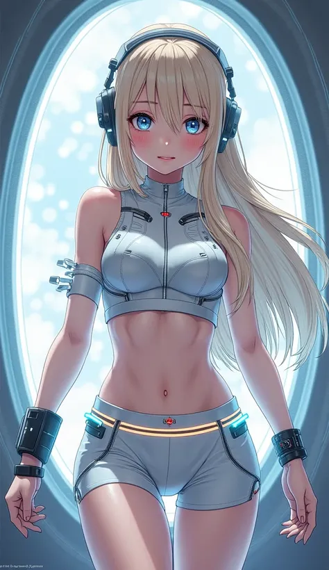 Detailed anime illustration, pixiv style,anime love-live style, zero gravity space. Woman dressed in white spaceship high-tech capsule, cold sleep device. Japanese woman, blonde long hair, blush,shy,wearing futuristic underwear with biosensors and circuit ...