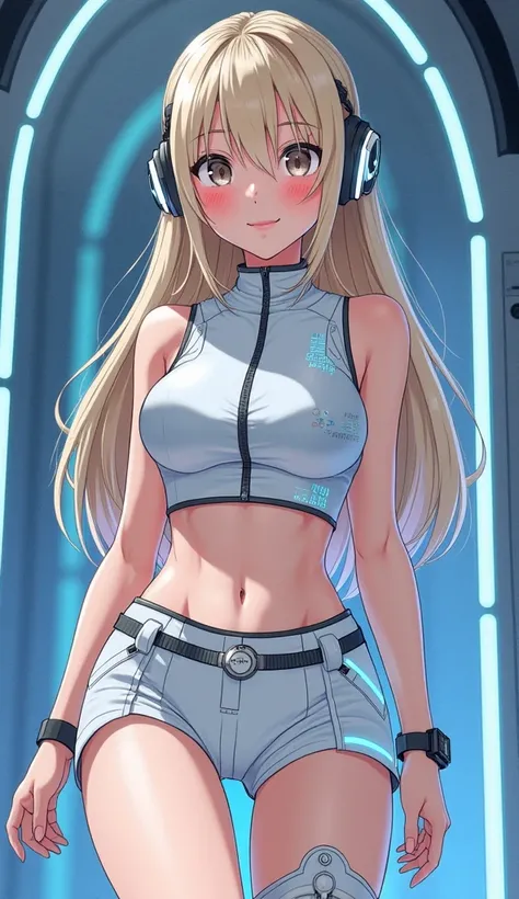 Detailed anime illustration, pixiv style,anime love-live style, zero gravity space. Woman dressed in white spaceship high-tech capsule, cold sleep device. Japanese woman, blonde long hair, blush,shy,wearing futuristic underwear with biosensors and circuit ...