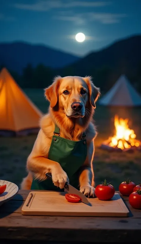 Golden retriever at a nighttime campsite, wearing an apron, cutting a tomato on a cutting board placed on a table. In the background, illuminated tents, a cozy campfire, and a serene atmosphere under the moonlight set the scene. The dog is using a knife wi...