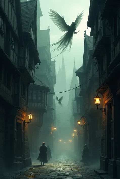 Shady, shape-like creatures flying through medieval streets