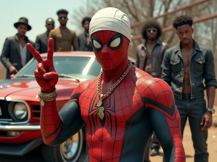 main spider man head white bandana , gold necklace , gold ring, rock n roll hand , rock n roll hand gesture , behind stand 1969 model american mustung car visible, ppl suits and gangsta style stand behind messy natural