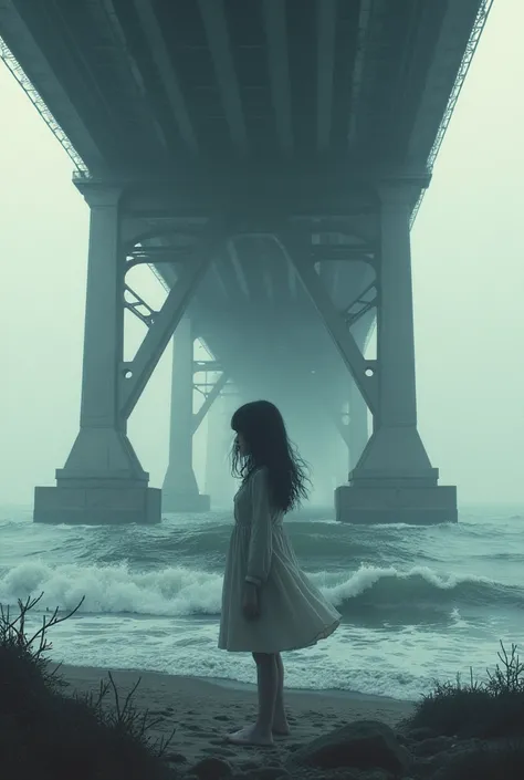 Show me the soul of a sad girl next to a huge bridge with the sea under it