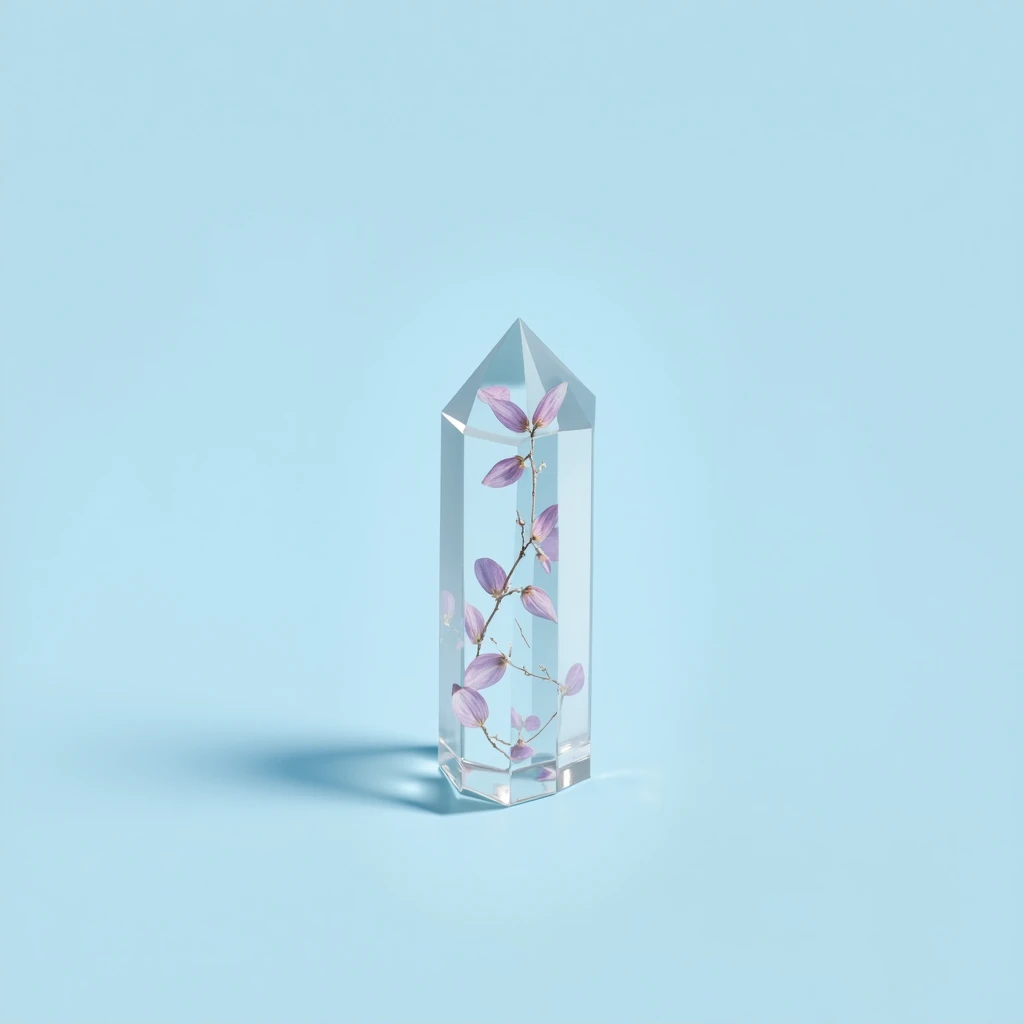 Create an image of the crystal with the small petals that are falling down inside of that crystal. The background has to be light-blue. The crystal itself has to be in the middle and very small. Make it very minimalistic but stylish. The reference that I g...