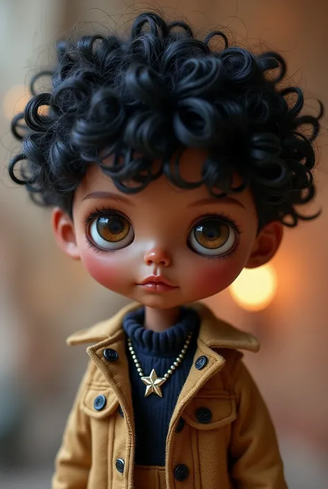 Blythe doll boy  dark tan with curly Black hair and bang aslo brown eyes and starboy clothing style