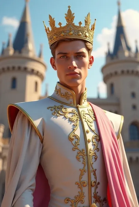 1 Caucasian and white man wearing a white and light pink prince&#39;s shirt,wearing a golden crown, castle background, whole body facing the camera