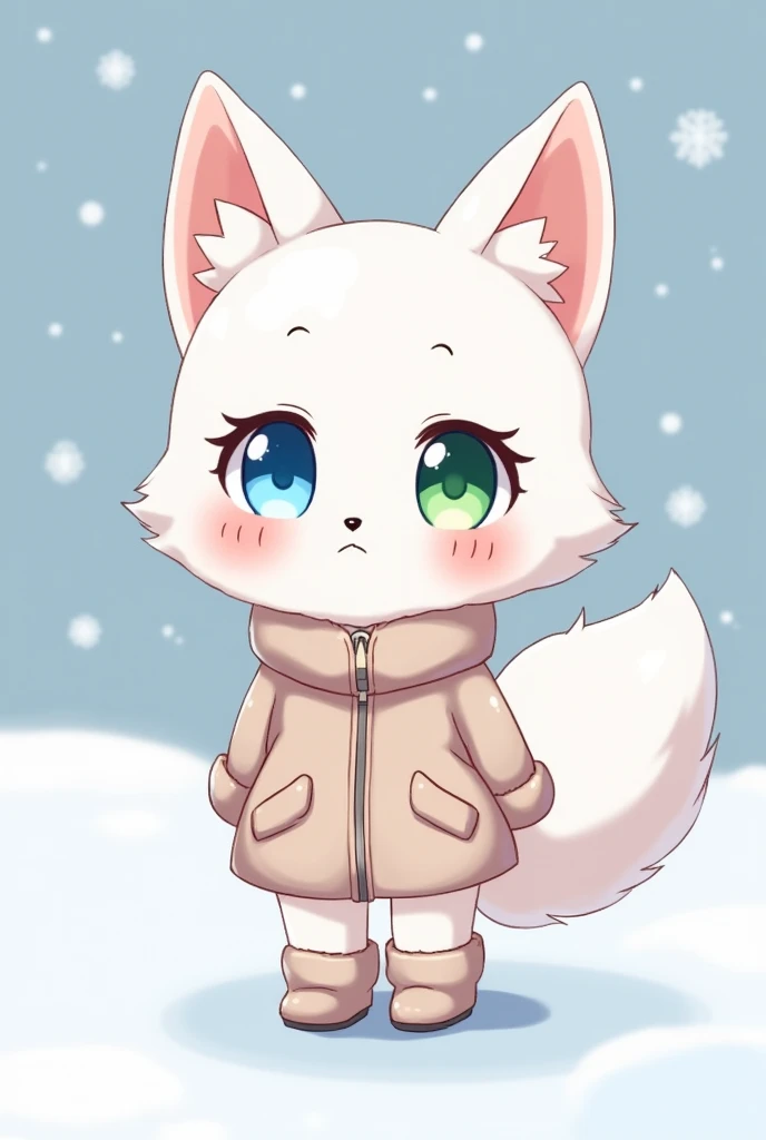 
" An anthropomorphic snow fox looking like an anime .  The fox has a soft white coat , with four fluffy tails ,  being one of them longer and three short . Her eyes are different ,  is vibrant blue and the left one is light green .  Her expression is cute...