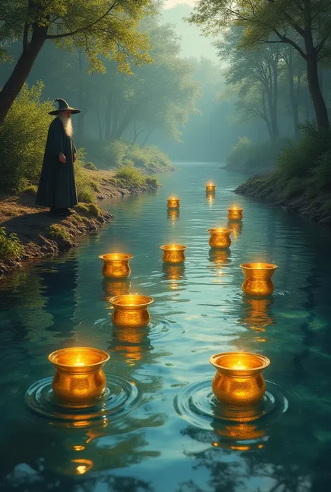 The 8 golden cups in the water, in the river,  the wizard walking