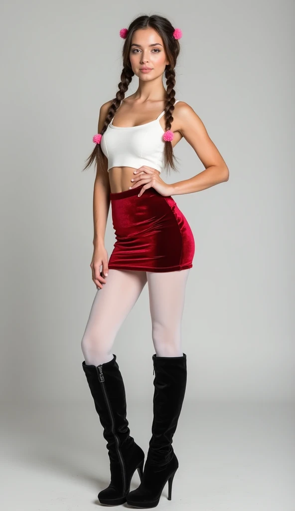 Young white brunette standing in the studio. she's wearing a light, tight white top and a too-short tight red velvet miniskirt. she has two braids on top of her head, black over-the-knee velvet boots with stiletto heels and high soles, and white tights. He...