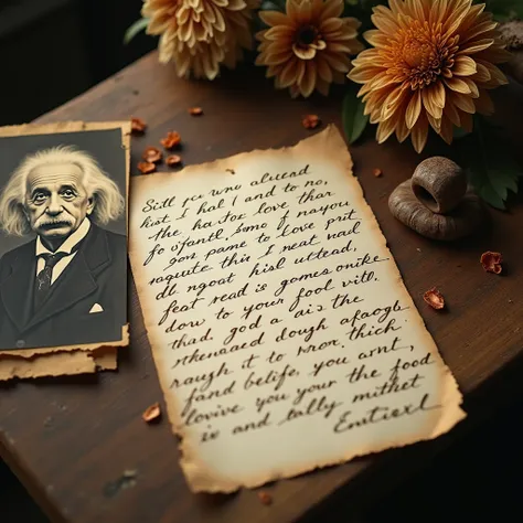 Letter to Lieserl :
" A handwritten letter on a table with old calligraphy ,  signed 'Albert Einstein' ,  accompanied by a sepia photograph of a  and dried flowers as emotional details".