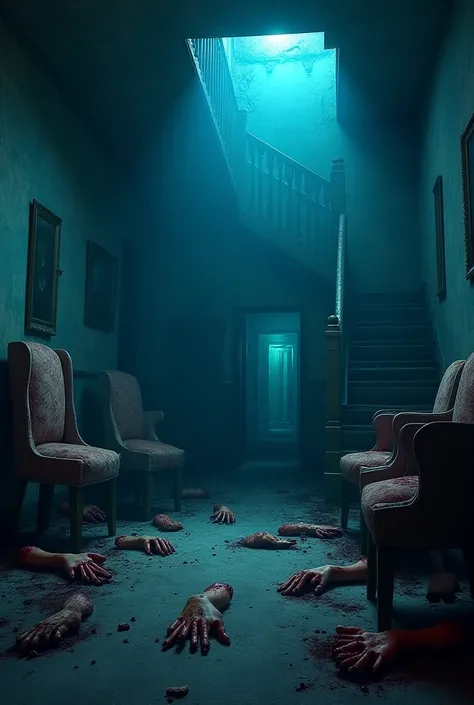 Create a bluish room , Totally abandoned and bloodied,  with severed hands and furniture made of bloodied human flesh,  with a staircase leading to the second floor  