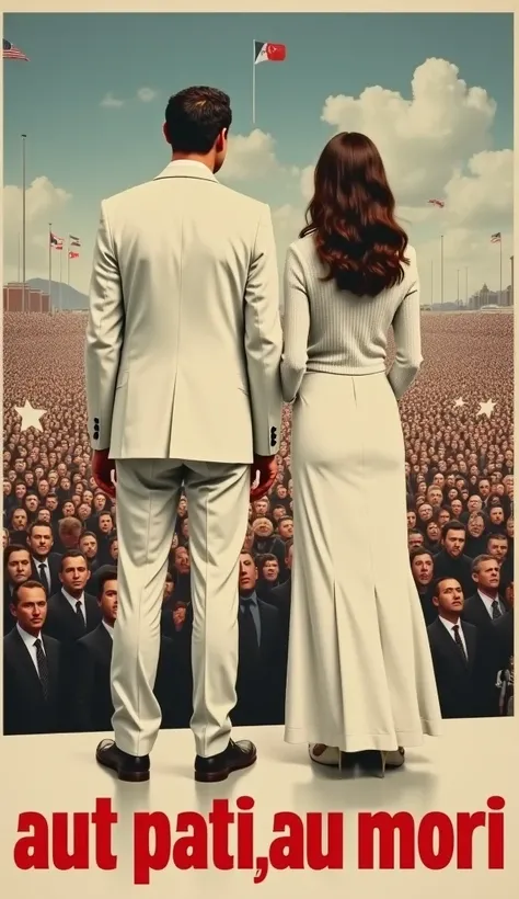 grande affiche politique, sur une scène face un grand publique, met un homme habiller en costar blanc et 
un pantalon blanc, a coté met une femme habiller en pull blanc et en jupe longue blanche, écrit en bas de 
l'affiche : aut pati, aut mori. 

