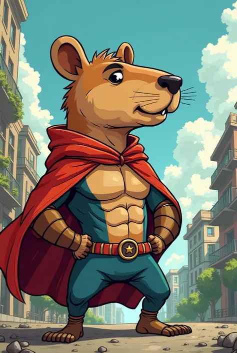 A comic where the protagonist is a capybara superhero who saves all animals from the dangers of the city, and destroys the plans of his archenemy Sir Alcon to seize human minds to make them his slaves.  with dialogues in Spanish .