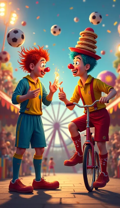 Messi and Ronaldo are in vibrant clown costumes, complete with oversized shoes, polka-dotted suspenders, and rainbow wigs. Messi juggles flaming soccer balls with a worried expression, while Ronaldo rides a tiny unicycle, struggling to balance a stack of p...