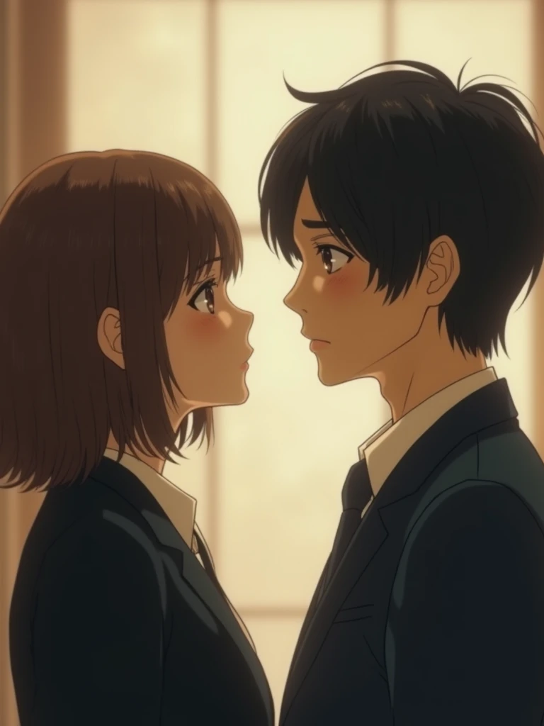  2 Japanese people staring at each other 、 girl 、 honey brown hair ,   smooth semi-long ,   suit、 navy eyes ,town, film grain ,８ＫＲＡＷ photos,  photorealistic,  ultra-realistic , high resolution,  high resolution, sepia_styles
Boy 、 black hair、 center part d...