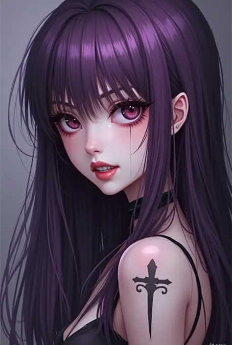 Crea una imagen de A girl con las siguientes caracteristicas: A girl, light skin, a cross tattooed on the back ,  with heterochromia ,  slanted eyes ,  has a more dilated pupil ,  thick lips,  cheek scar ,  with elongated fangs and whitish teeth , fine fea...