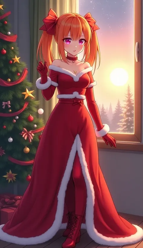 Orange hair pigtails,   tuft covering an eye  ,  neon pink eyes , mujer adulta, girl,  

 Beautiful Santa Claus girl anime ,  full body


Red Santa Claus long dress, opening in one leg , white edges, strapless, red stockings,  long red boots  , long red gl...