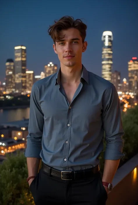     Portrait of a handsome and athletic man .  slightly wavy short hair , The bangs fall slightly down the forehead, 22 years old . Grey-blue shirt and black dress pants. formal casual .  black belt.  clear sky , Night,  surrounded by skyscrapers that shin...