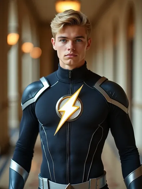 A full body image of  of a seventeen year old blond guy with blue eyes dressed in a stylized costume,  clearly inspired by the Flash  (Jay Garrick), the DC Comics superhero. The costume features silver details that resemble lightning ,  as the symbol of li...