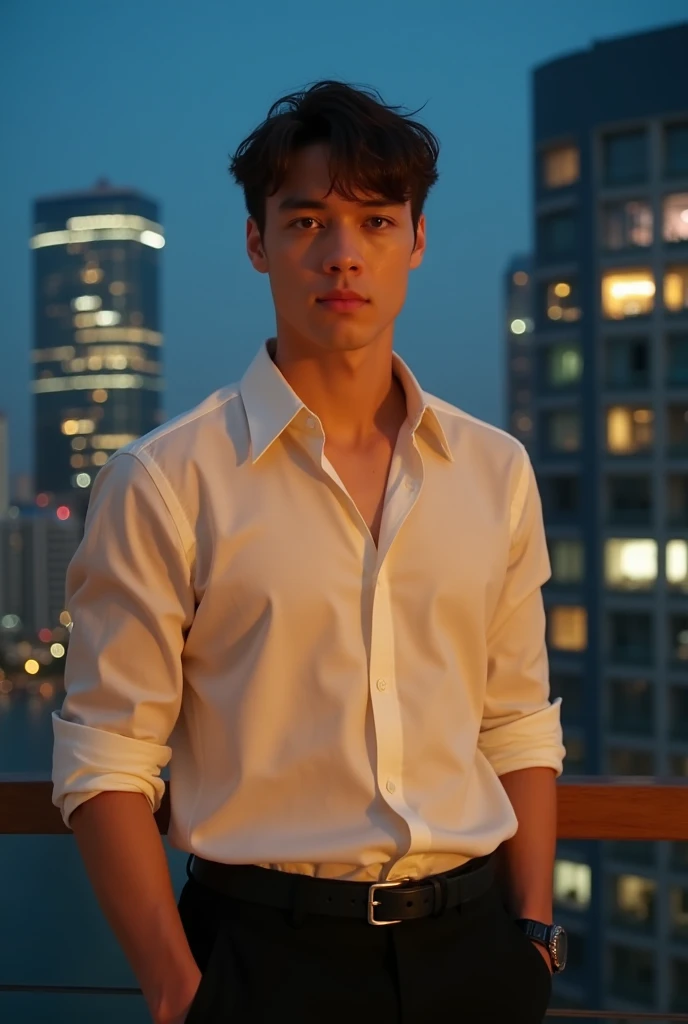     Portrait of a handsome and athletic man .  slightly wavy short hair , The bangs fall slightly down the forehead, 22 years old . Cream-colored shirt and black dress pants. formal casual .  black belt.  clear sky , Night,  surrounded by skyscrapers that ...