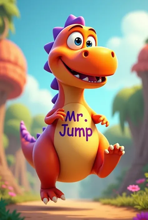  Friendly orange and purple dinosaur that likes to jump. that has the name Mr Jump on his chest . 