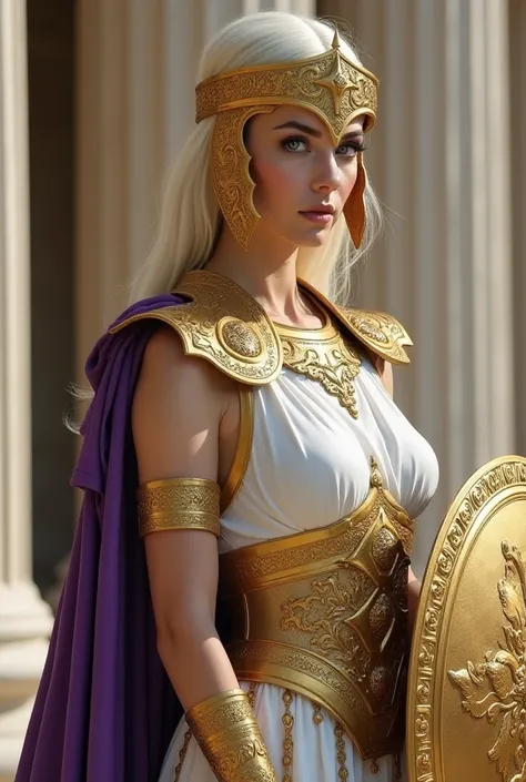  The image shows a woman with an imposing and majestic appearance ,  with hair neatly styled platinum blonde to the side in a smooth way ,  that frames her face elegantly .  she wears golden armor with intricate details ,  that combines classic and elegant...