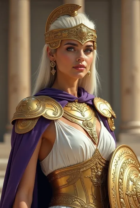  The image shows a woman with an imposing and majestic appearance ,  with hair neatly styled platinum blonde to the side in a smooth way ,  that frames her face elegantly .  she wears golden armor with intricate details ,  that combines classic and elegant...