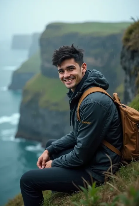 (photorealism:1.2), Caucasian British 21 year old guy, sitting on edge of a cliff, rainy weather, short black hair, smiling, white skin, no facial hair, bag pack on, selfie, quiff over to one side, picture taken from far away, looking off into distance 