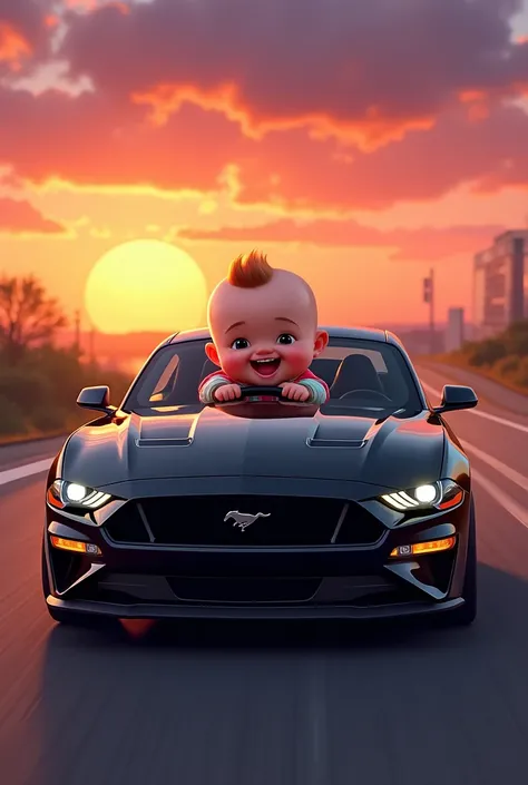 Draw me Cocmelon baby driving a black mustang in sunset