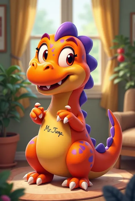 Friendly orange and purple dinosaur that is a pet for ren. That it has the name Mr.. Jump in the chest