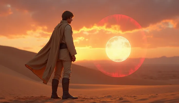 "Create a quiet, contemplative image of Luke Skywalker on Tatooine, holding a holographic message. The scene should feel dusty and still, with Luke in his farmboy outfit, staring in awe at the message. The background should feature the vast, desolate deser...