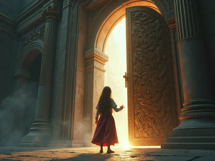 It details the moment when Hanna knocks on the monumental door and it opens, revealing a new world..