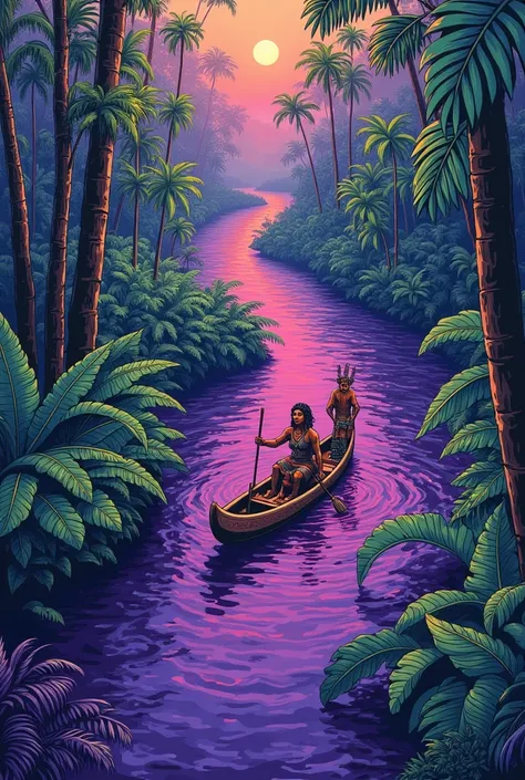 A purple açaí river with an Indian in a basin used as a canoe paddling in the Amazon drawing for graffiti 