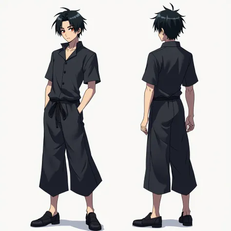 Male anime character with demonic traits, short jet black hair , Ojos rojos, A fair complexion has a skin that turns dark gray to almost bluish and that is standing showing its full body in front and side and back posture.